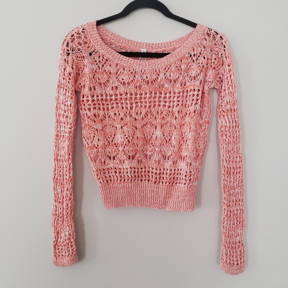 Aeropostale Womens Beachy Open Knit Y2K Cropped Sweater SMALL Boho Crochet Coral